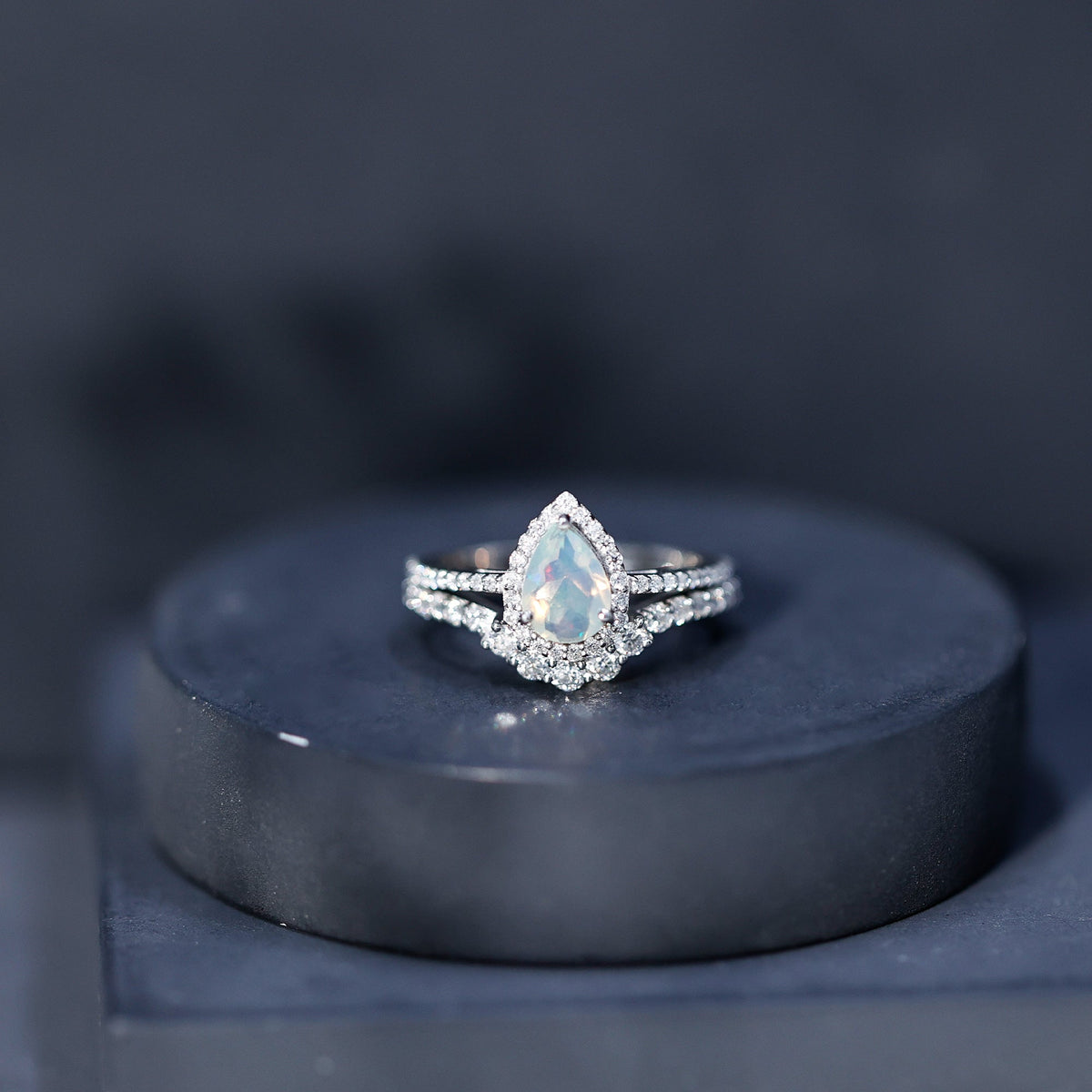 Certified Natural Ethiopian Opal Teardrop Wedding Engagement Ring Set of 2