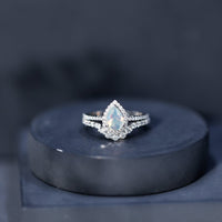 Certified Natural Ethiopian Opal Teardrop Wedding Engagement Ring Set of 2