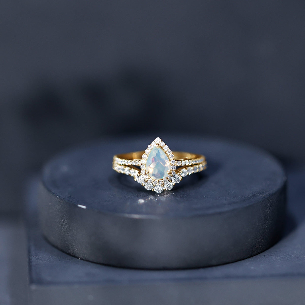 Certified Natural Ethiopian Opal Teardrop Wedding Engagement Ring Set of 2