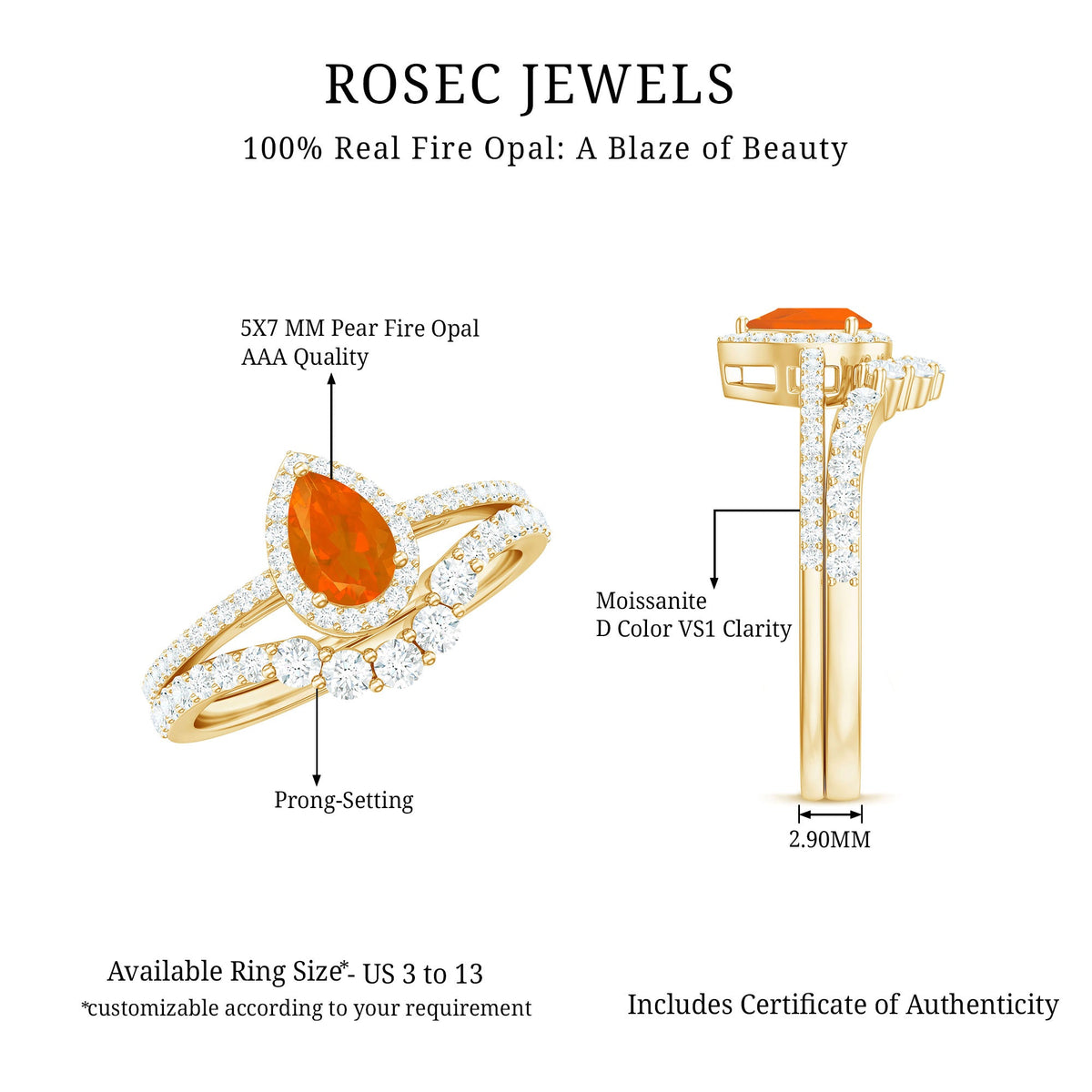 Fire Opal Designer Teardrop Ring Set with Moissanite Halo