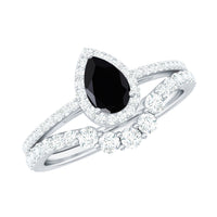 Natural Black Spinel Pear Shaped Engagement Ring with Moissanite Enhancer