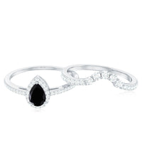 Natural Black Spinel Pear Shaped Engagement Ring with Moissanite Enhancer