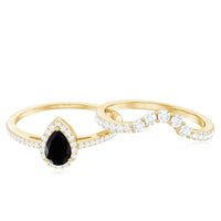 Natural Black Spinel Pear Shaped Engagement Ring with Moissanite Enhancer