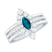 Marquise London Blue Topaz Bridal Ring Set with 2 Diamond Ring Guards