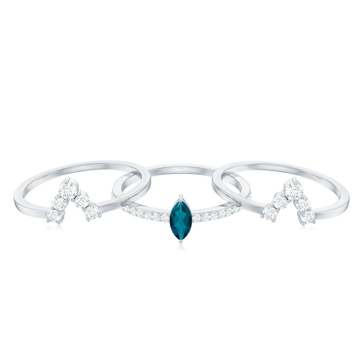 Marquise London Blue Topaz Bridal Ring Set with 2 Diamond Ring Guards