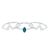 Marquise London Blue Topaz Bridal Ring Set with 2 Diamond Ring Guards