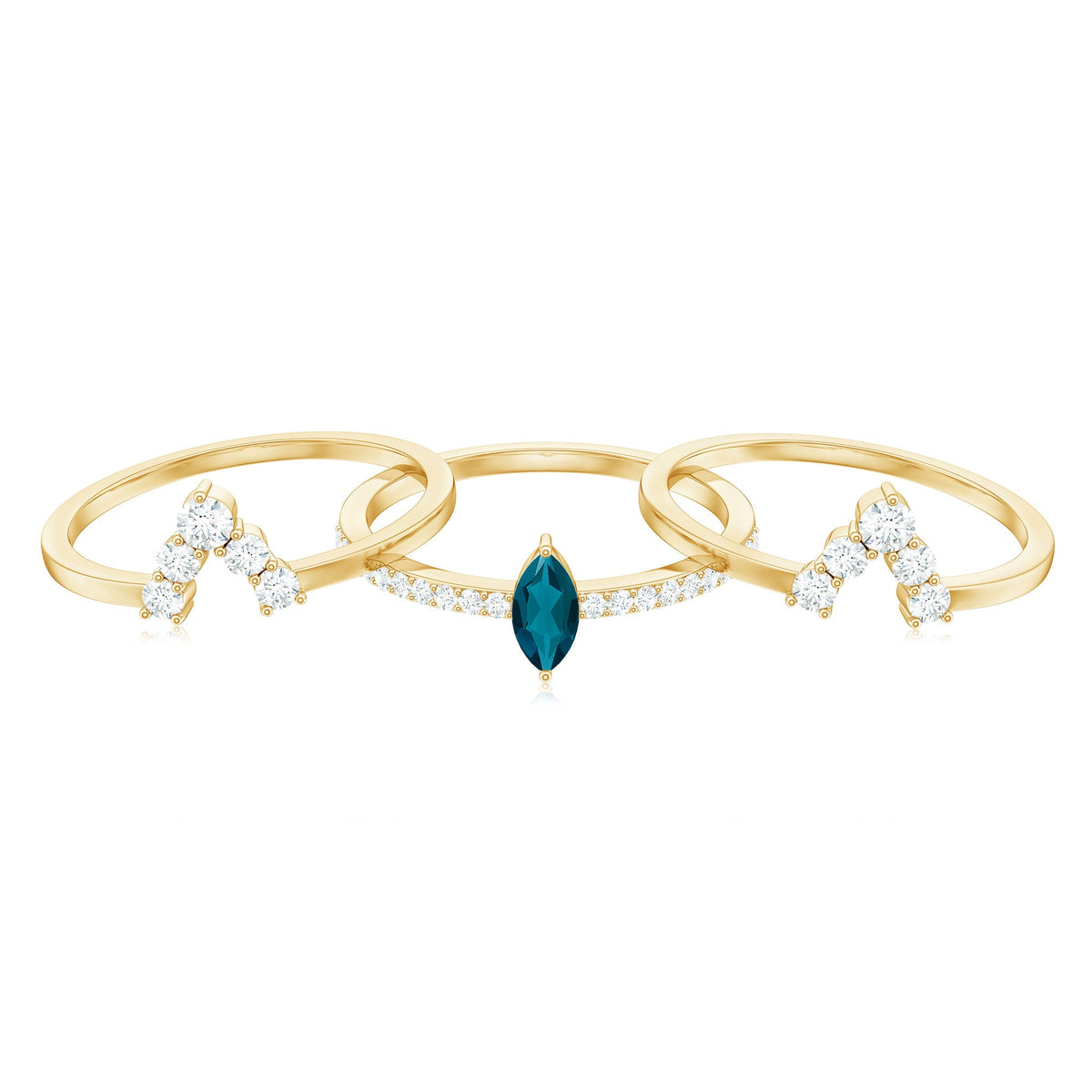 Marquise London Blue Topaz Bridal Ring Set with 2 Diamond Ring Guards