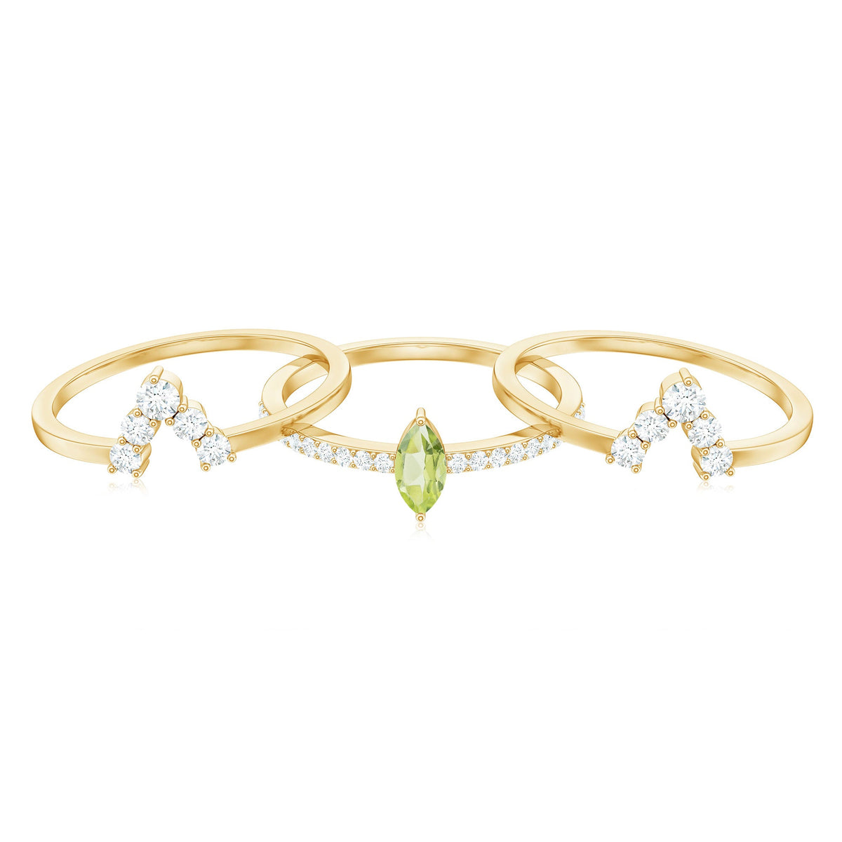 Marquise Cut Peridot Solitaire Trio Ring Set with Moissanite