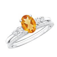 Natural Oval Citrine Diamond Wedding Bridal Ring Set of 2