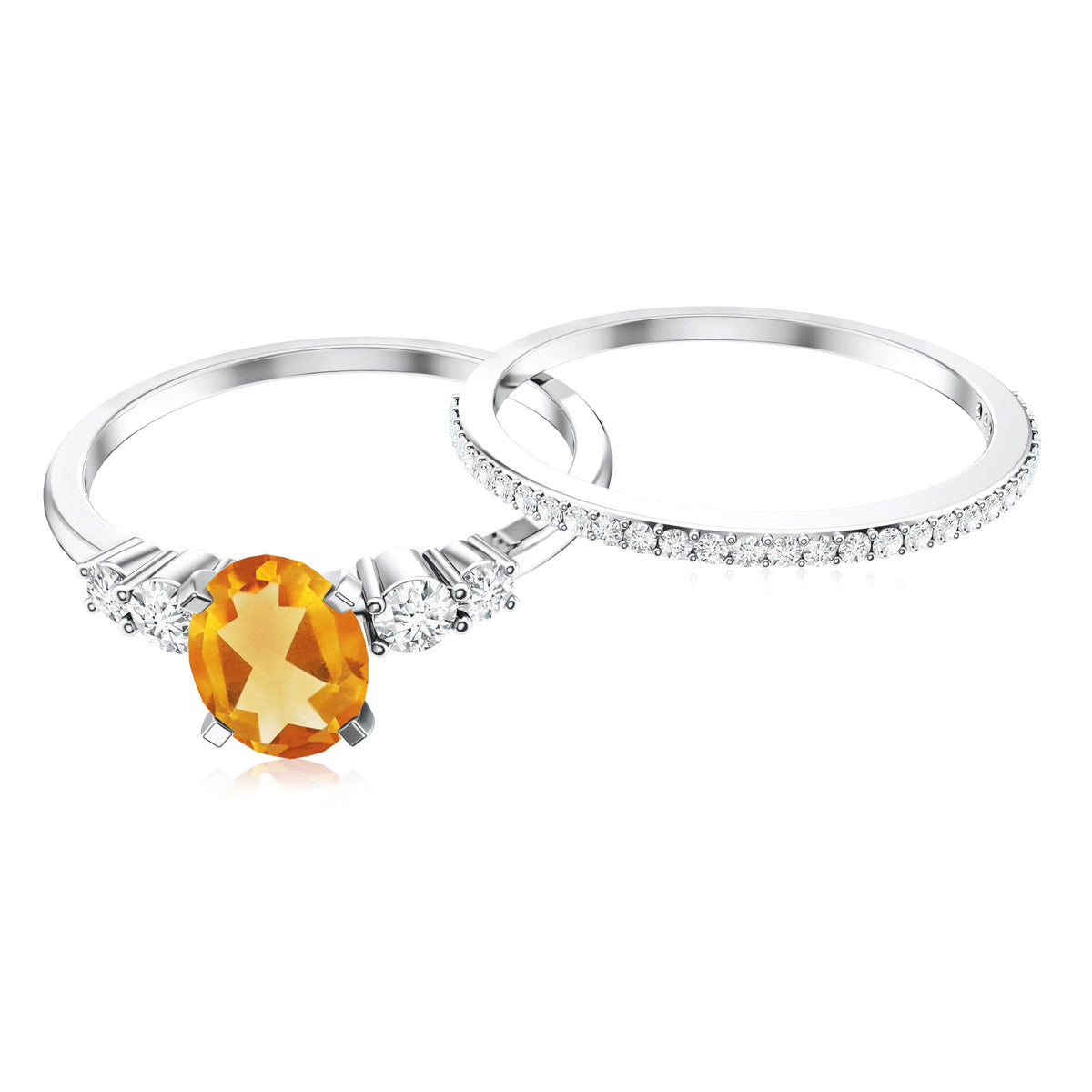 Natural Oval Citrine Diamond Wedding Bridal Ring Set of 2