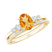 Natural Oval Citrine Diamond Wedding Bridal Ring Set of 2
