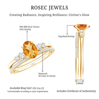Natural Oval Citrine Diamond Wedding Bridal Ring Set of 2