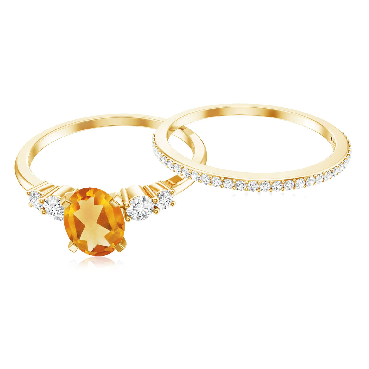Natural Oval Citrine Diamond Wedding Bridal Ring Set of 2