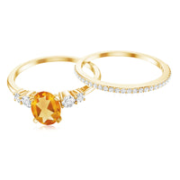 Natural Oval Citrine Diamond Wedding Bridal Ring Set of 2