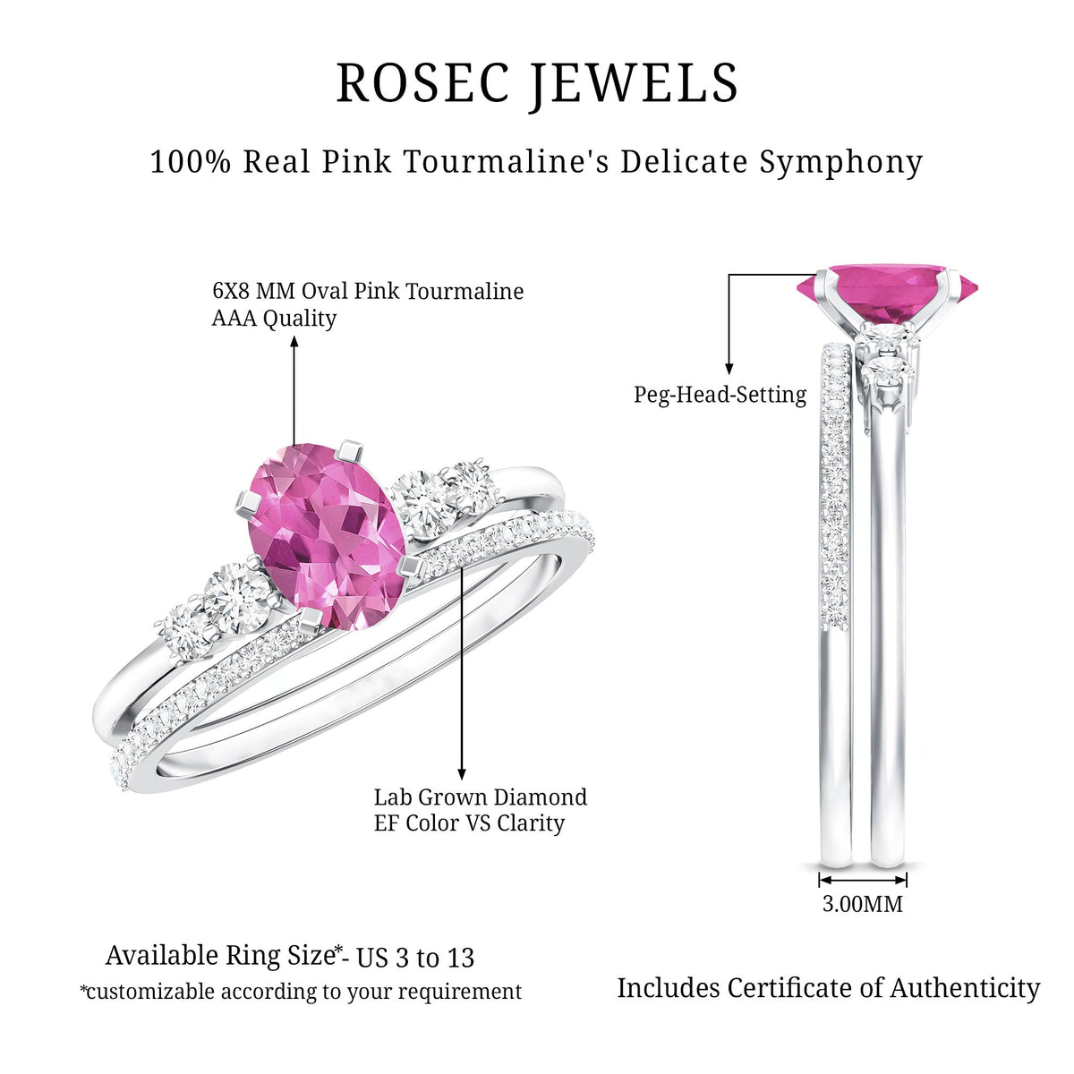 Oval Pink tourmaline Ring with Diamond Wedding Band