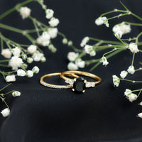 Natural 0.6 Carat Oval Shape Black Spinel Wedding Ring Set with Diamond