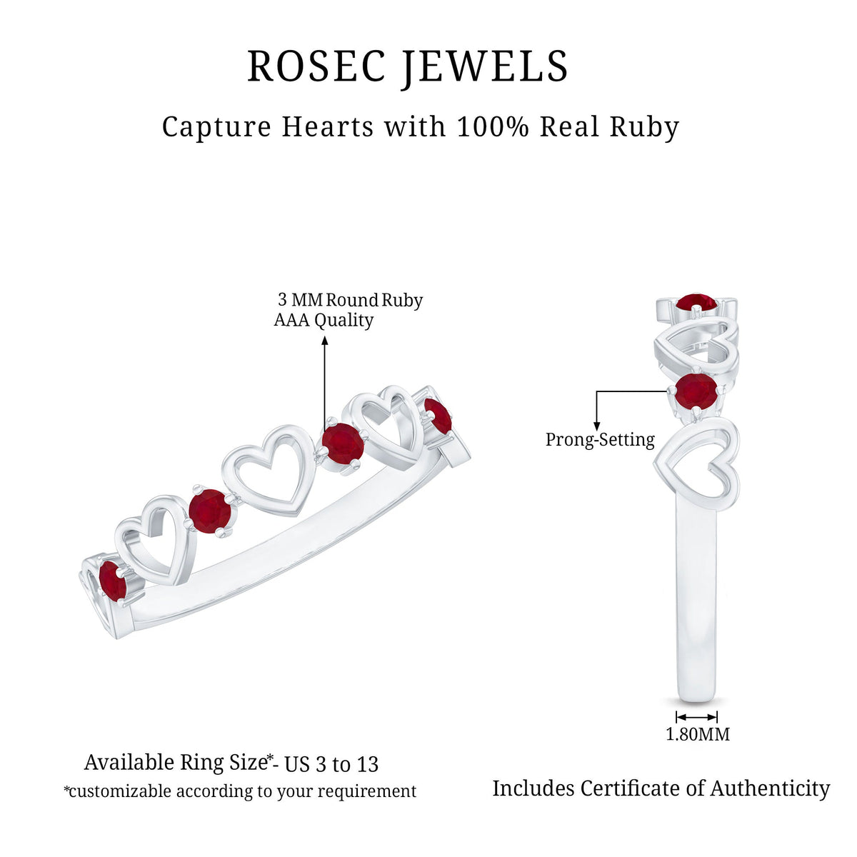 Natural ruby heart eternity ring by Rosec Jewels featuring a continuous row of ruby hearts on a sleek gold band.