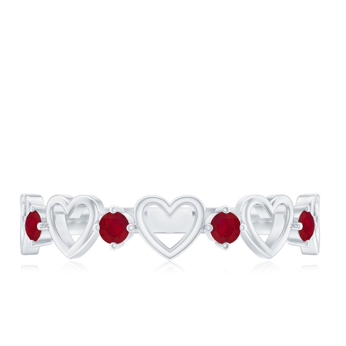 Natural ruby heart eternity ring by Rosec Jewels featuring a continuous row of heart-shaped rubies in a sleek silver band.