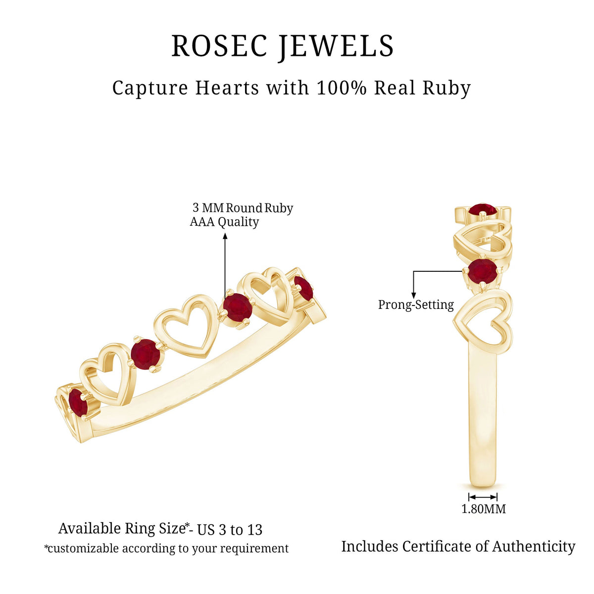 Natural ruby heart eternity ring for promise by Rosec Jewels, showcasing a delicate band with sparkling ruby accents.