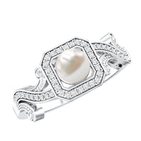 Vintage Inspired 2 Carat Pearl Engagement Ring with Diamond Halo