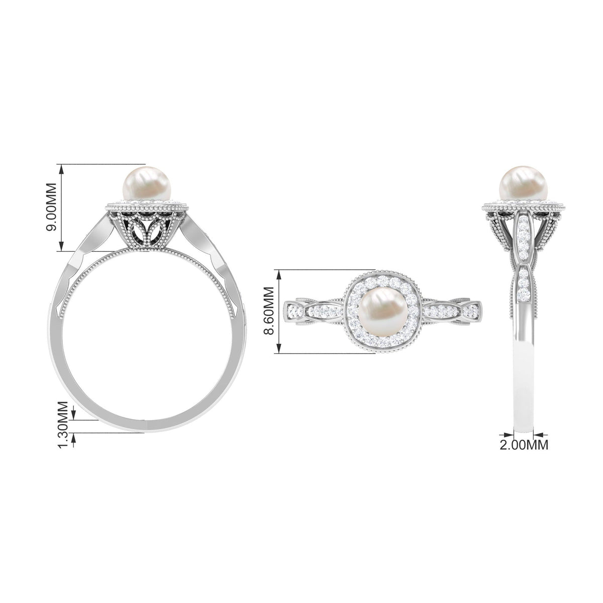 Rosec Jewels 2.25 CT freshwater pearl and diamond engagement ring with intricate band design and sparkling gemstones.