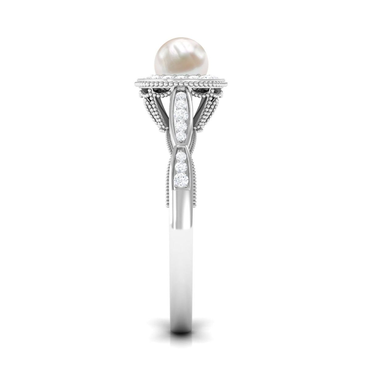 Freshwater pearl and diamond engagement ring by Rosec Jewels featuring a 2.25 CT pearl surrounded by sparkling diamonds.