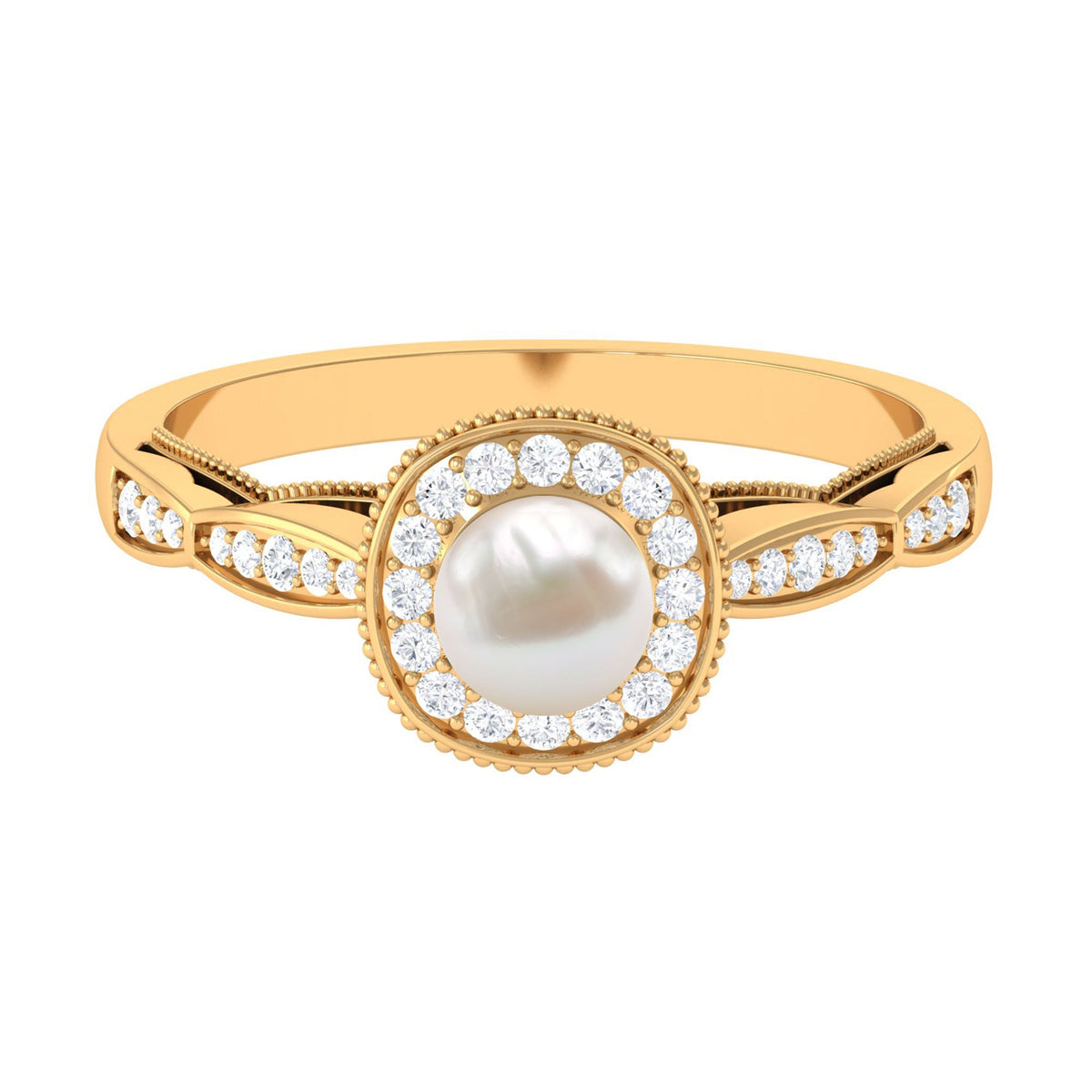 Two and a quarter carat freshwater pearl and diamond engagement ring from Rosec Jewels, showcasing elegant design and sparkling accents.