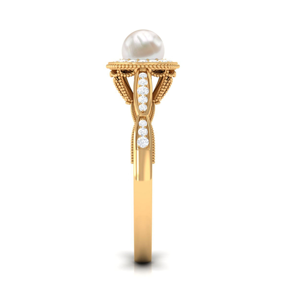 Freshwater pearl and diamond engagement ring by Rosec Jewels featuring a 2.25 CT central pearl and sparkling diamonds in a elegant ring setting.