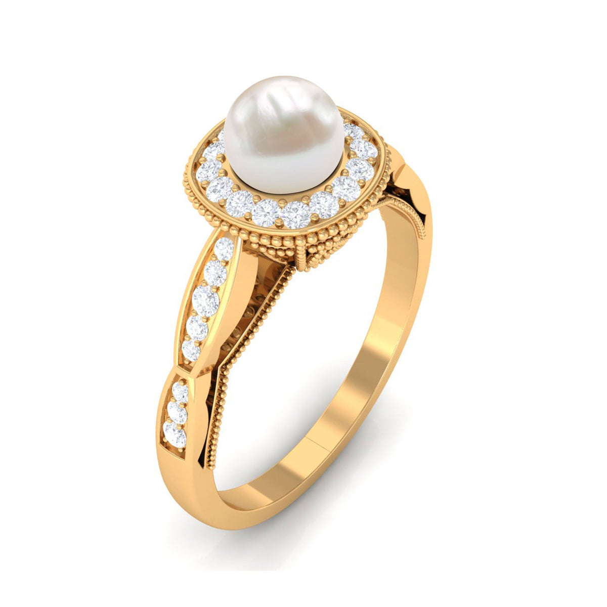 Freshwater pearl and diamond engagement ring by Rosec Jewels featuring 2.25 CT of sparkling diamonds and a classic pearl centerpiece.
