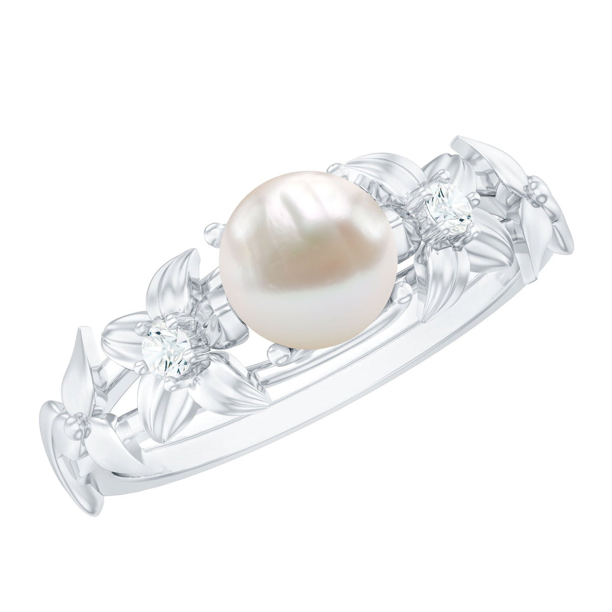 Cultured 2 carat white pearl flower engagement ring with diamonds, featuring intricate design and sparkling accents, by Rosec Jewels.