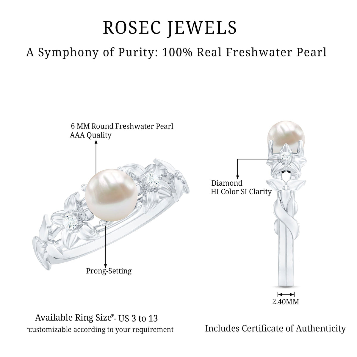 Cultured 2 Carat white pearl flower engagement ring with diamond accents by Rosec Jewels, featuring intricate floral design.