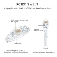 Cultured 2 Carat white pearl flower engagement ring with diamond accents by Rosec Jewels, featuring intricate floral design.