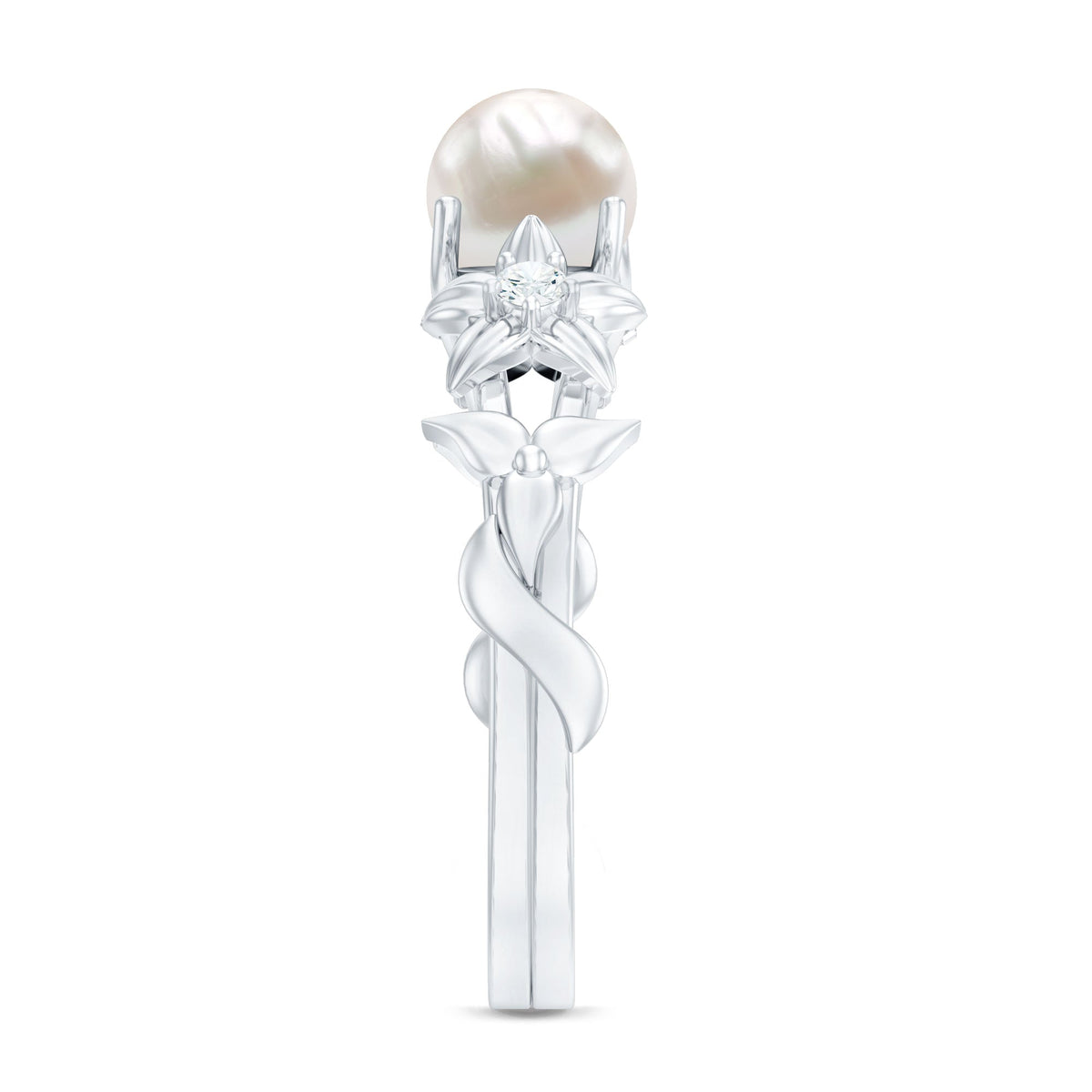 Cultured 2 Carat White Pearl flower engagement ring with diamonds by Rosec Jewels, featuring a floral design and sparkling accents.