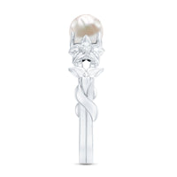 Cultured 2 Carat White Pearl flower engagement ring with diamonds by Rosec Jewels, featuring a floral design and sparkling accents.