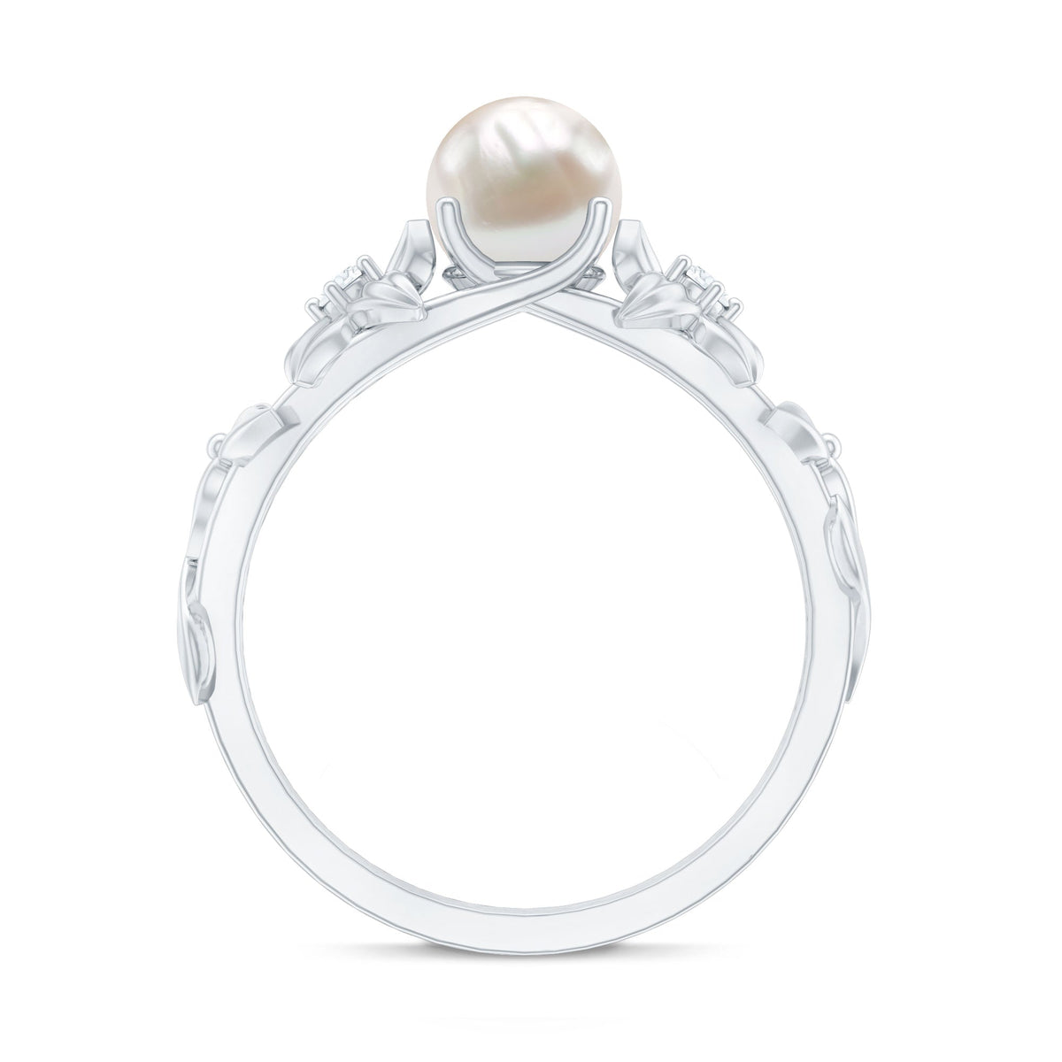 Cultured 2 carat white pearl flower engagement ring with diamond accents by Rosec Jewels, showcasing intricate floral design and sparkling gemstones.