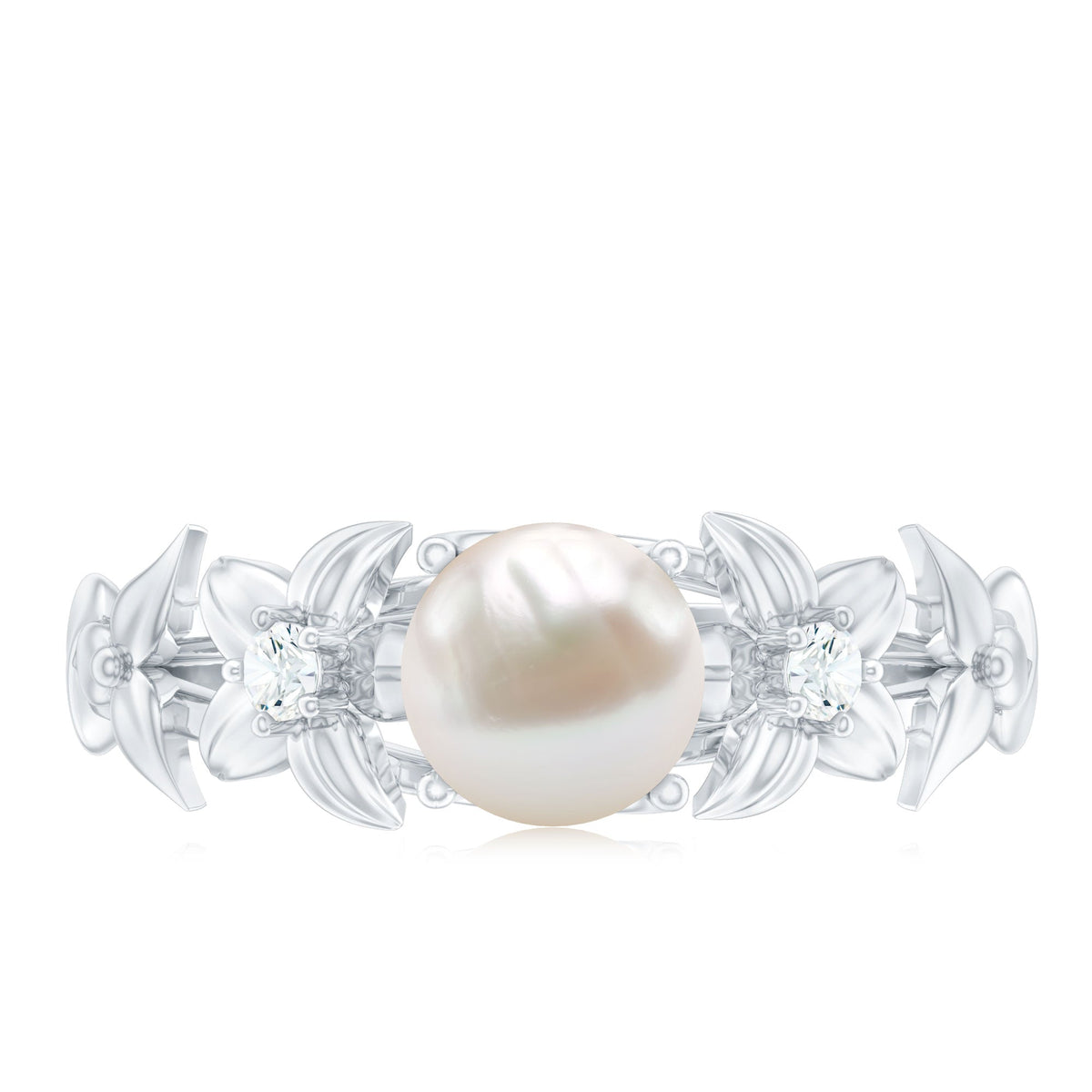 Cultured 2 Carat White Pearl Flower Engagement Ring with Diamonds by Rosec Jewels, featuring a floral design and sparkling accents.