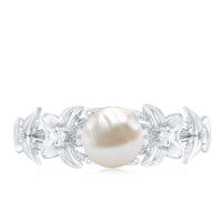 Cultured 2 Carat White Pearl Flower Engagement Ring with Diamonds by Rosec Jewels, featuring a floral design and sparkling accents.