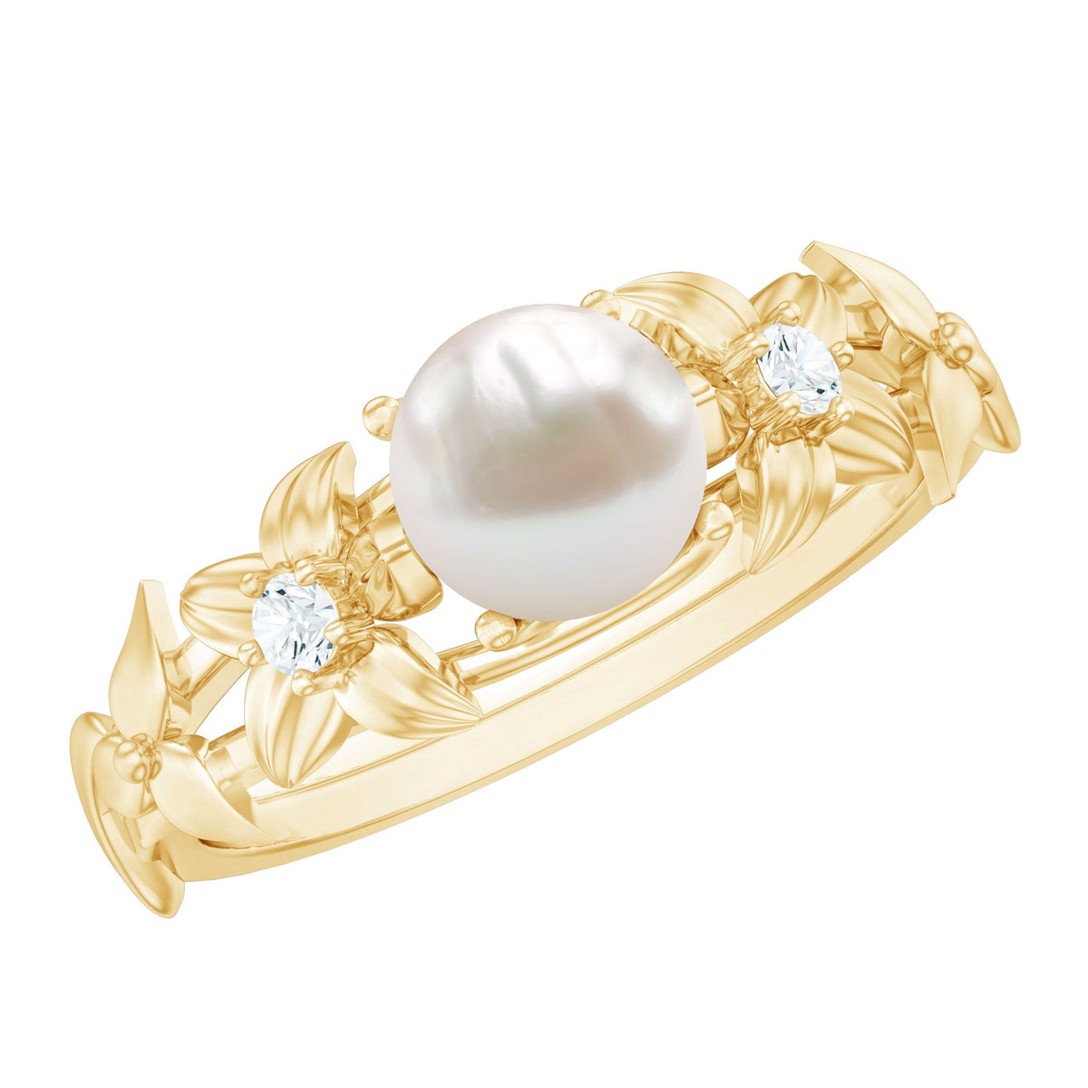 Cultured 2 Carat White Pearl Flower Engagement Ring with Diamonds by Rosec Jewels, featuring a floral design and sparkling accents.