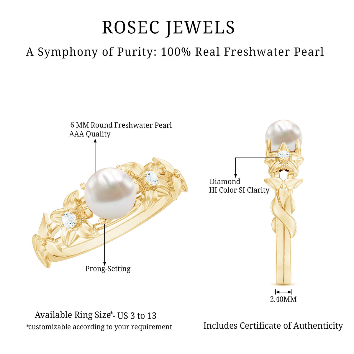 Cultured 2 Carat White Pearl Flower Engagement Ring with Diamonds by Rosec Jewels, featuring a floral design and sparkling accents.