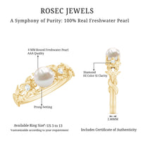 Cultured 2 Carat White Pearl Flower Engagement Ring with Diamonds by Rosec Jewels, featuring a floral design and sparkling accents.