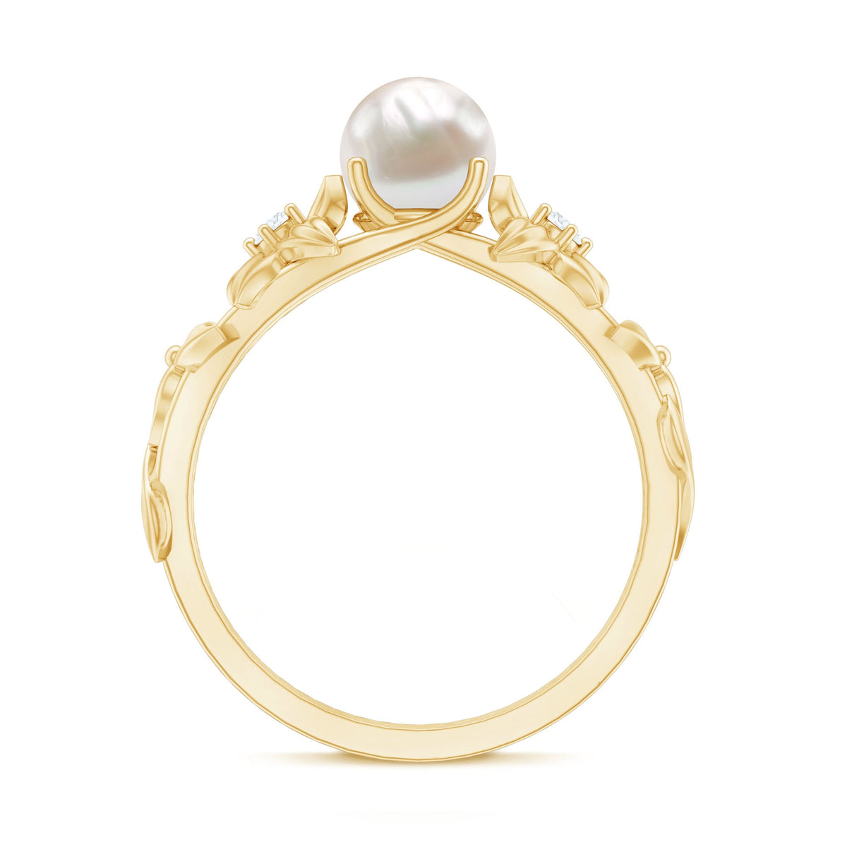 Cultured 2 Carat white pearl flower engagement ring with diamonds by Rosec Jewels, featuring a detailed floral design with sparkling accents.
