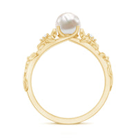 Cultured 2 Carat white pearl flower engagement ring with diamonds by Rosec Jewels, featuring a detailed floral design with sparkling accents.