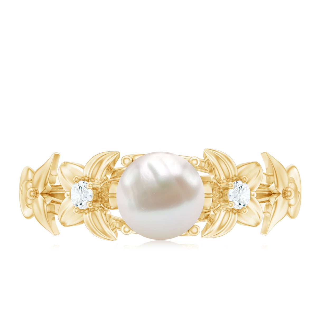 Cultured 2 Carat white pearl flower engagement ring with diamonds by Rosec Jewels, showcasing the elegant floral design and sparkling accents.