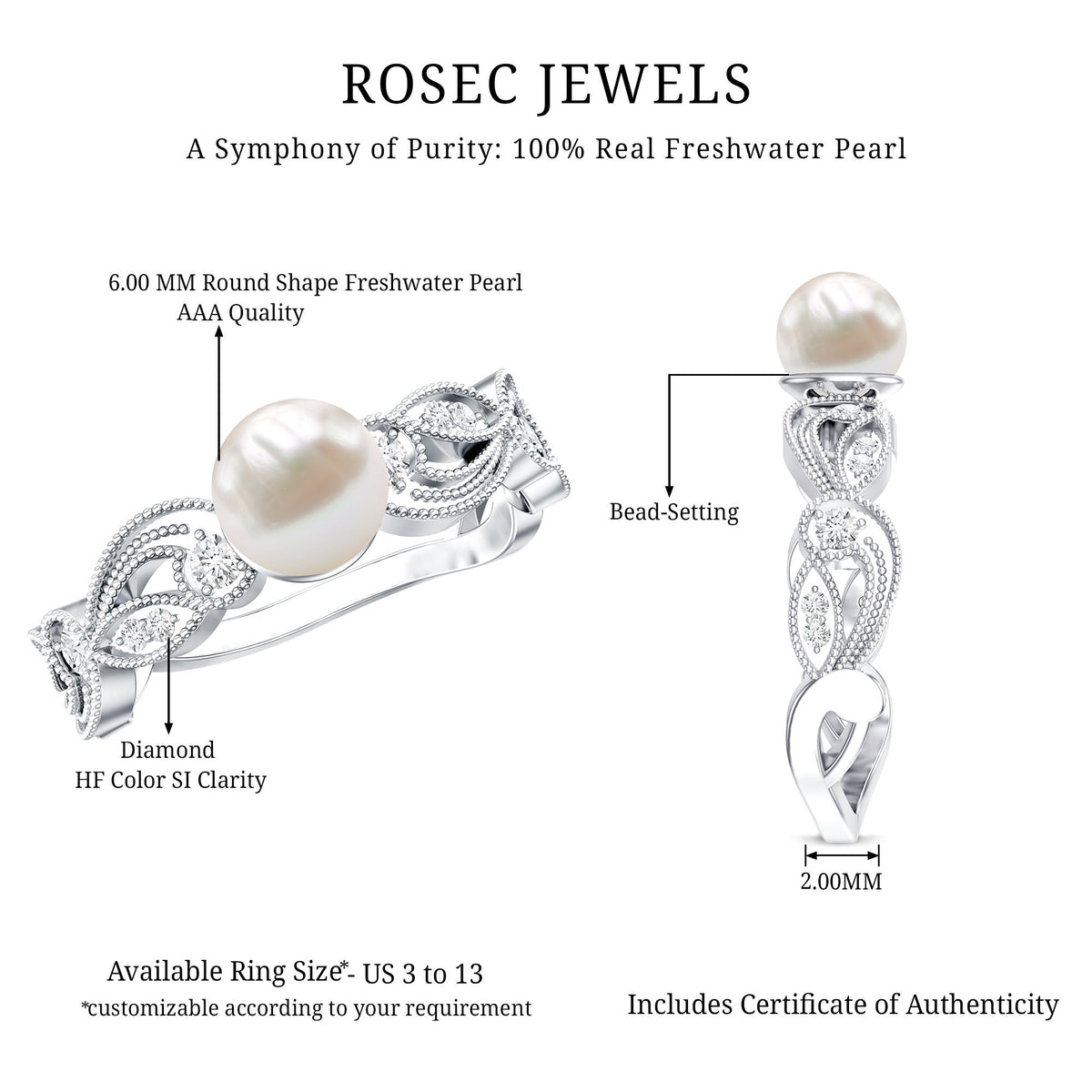 Vintage-style Rosec Jewels 2 Carat freshwater pearl engagement ring with diamond accents, showcasing intricate design and elegant craftsmanship.
