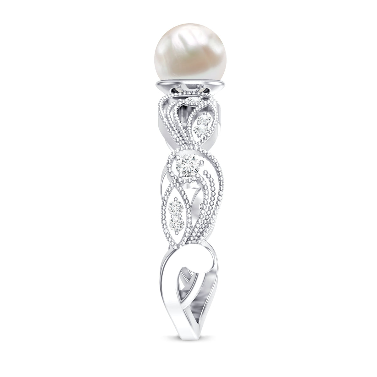 Vintage-style 2-carat freshwater pearl engagement ring with diamond accents by Rosec Jewels, showcasing intricate design and elegant craftsmanship.