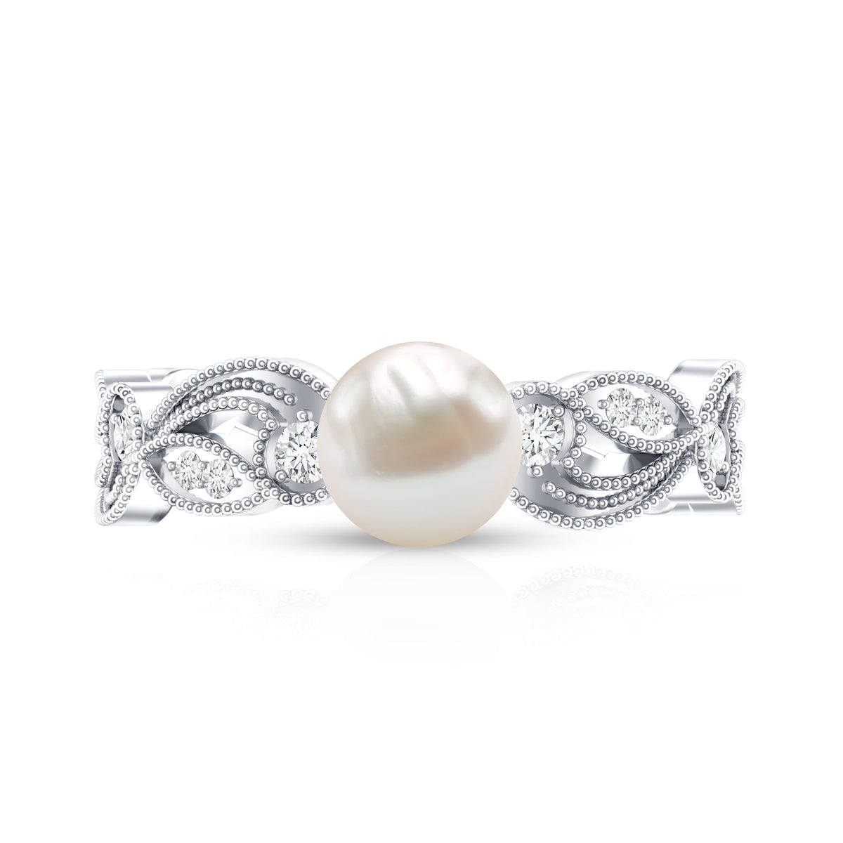 Vintage-style 2 carat freshwater pearl engagement ring with diamond accents by Rosec Jewels, showcasing intricate design and elegant craftsmanship.