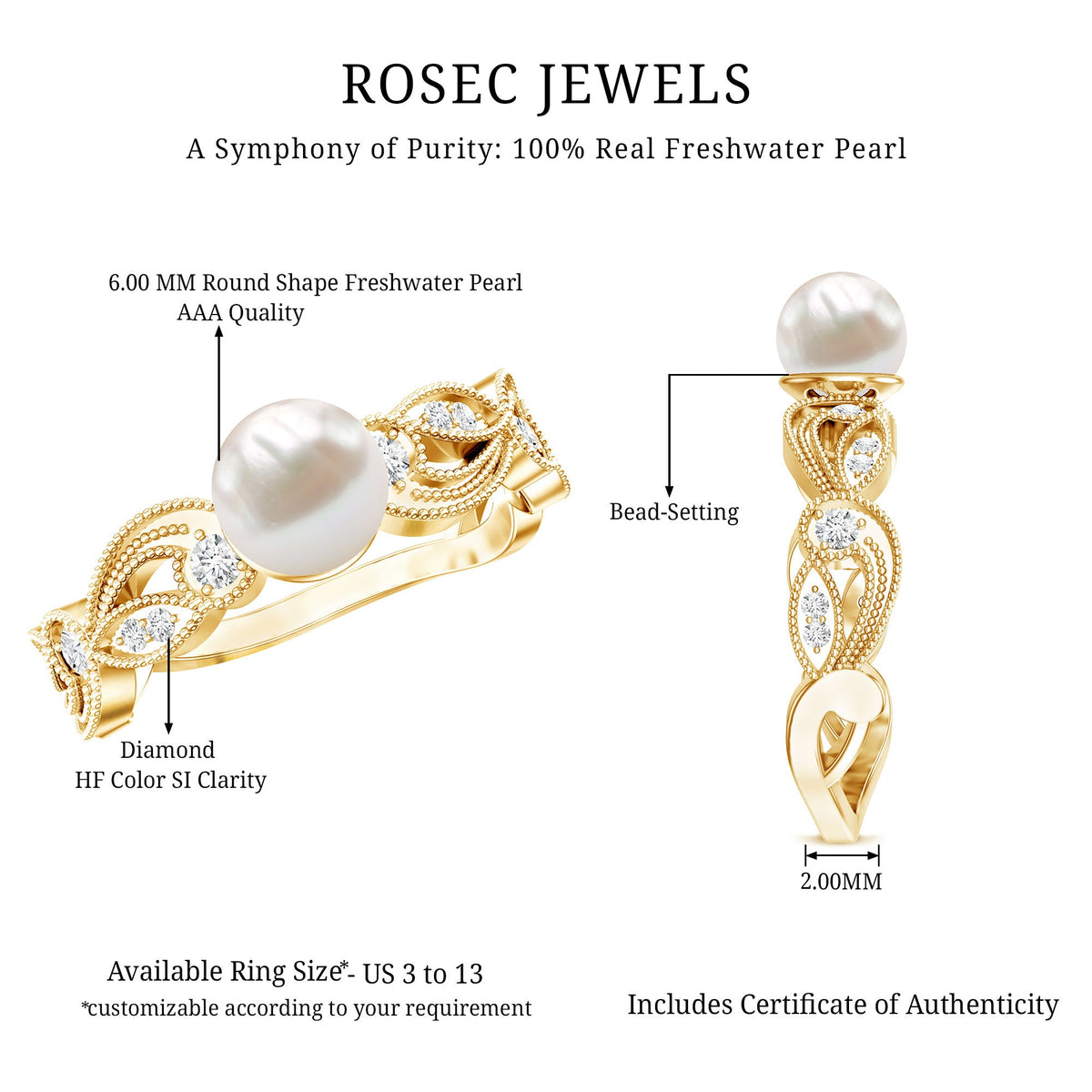 Vintage-style Rosec Jewels 2 Carat freshwater pearl engagement ring with diamond accents, showcasing intricate metalwork and elegant design.