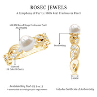 Vintage-style Rosec Jewels 2 Carat freshwater pearl engagement ring with diamond accents, showcasing intricate metalwork and elegant design.