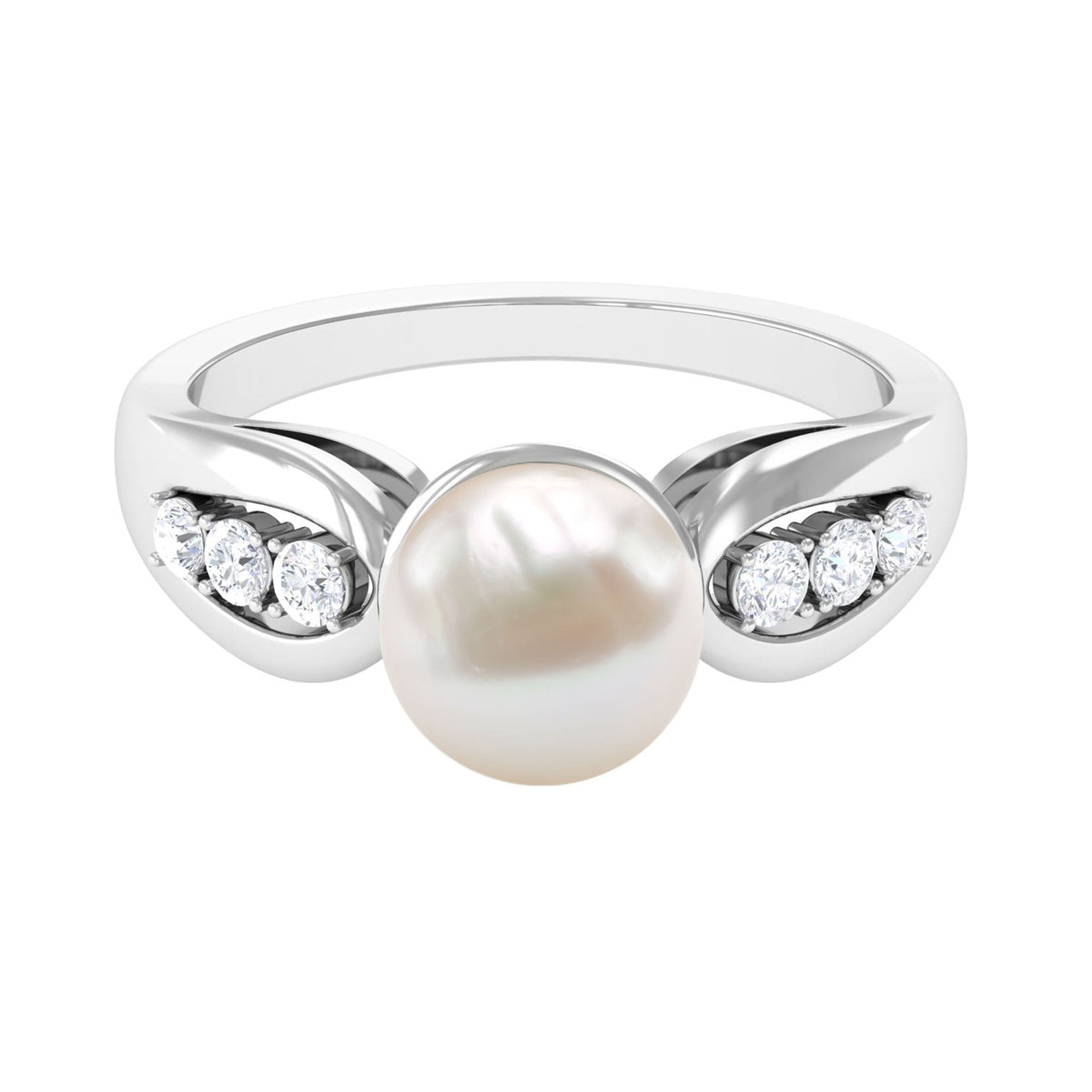 Freshwater pearl solitaire ring with diamond side stones from Rosec Jewels, showcasing a elegant ring design on a white background.