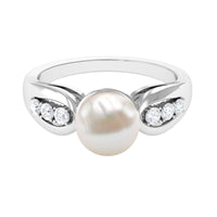 Freshwater pearl solitaire ring with diamond side stones from Rosec Jewels, showcasing a elegant ring design on a white background.